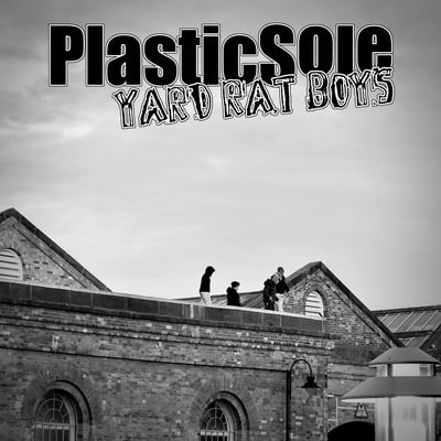 The monochromatic cover art for Yard Rat Boys, featuring four silhouetted figures on the roof of an old industrial building against a cloudy sky.